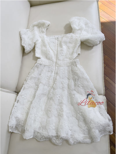 White Bubble Sleeve Short Dress