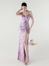 Mermaid Spaghetti Straps Sequins Split Beading Prom Dress