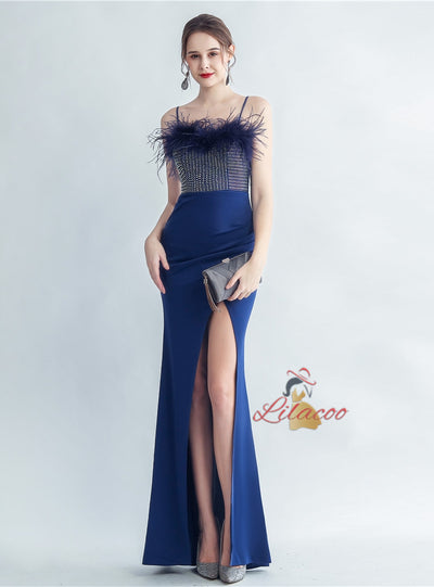 Spaghetti Straps Split Feather Prom Dress