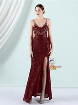 Burgundy Mermaid Sequins Spaghetti Straps Prom Dress