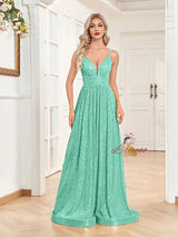 Deep V-neck Sequins Straps Prom Dress
