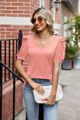 Solid Color V-neck Short Sleeve Loose T-shirt