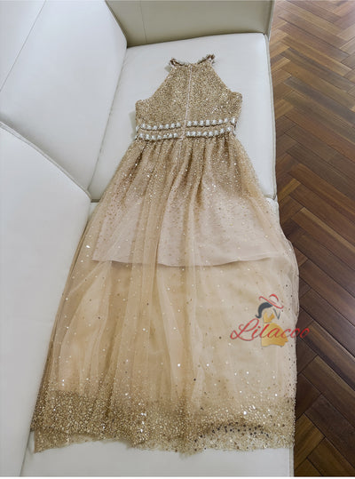 Champagne Sequins Halter Crystal Prom Dress