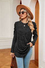 Solid Color Round Neck Twisted Long Sleeve T-shirt
