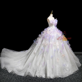 White Tulle Strapless Purple Appliques Dress