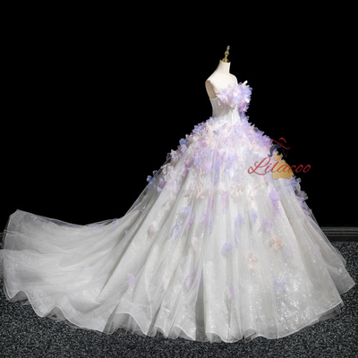 White Tulle Strapless Purple Appliques Dress