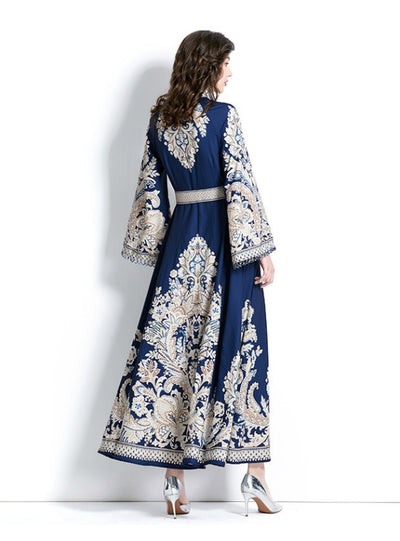 Retro Printed Round Neck Flared Sleeve Dress