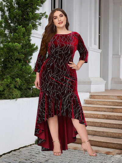 Plus Size Hi Lo Long Sleeve Velvet Party Dress