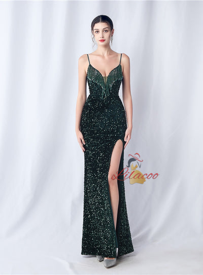 Spaghetti Straps Sequins Beading Prom Dress