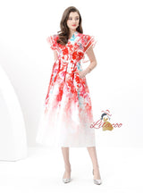 Lotus Leaf V-neck Slim Printed Long Dress