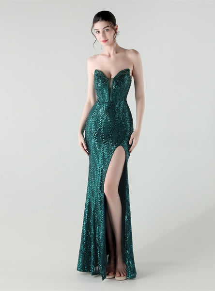Mermaid Sequins Strapless Split Beading Prom Dress