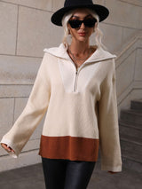 Pullover Color Matching Long Sleeve Zipper Sweater