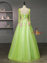 Green Tulle Straps Pink 3D Appliques Quinceanera Dress