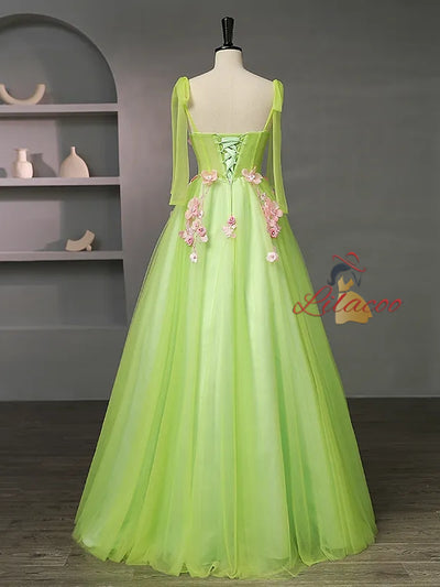 Green Tulle Straps Pink 3D Appliques Quinceanera Dress