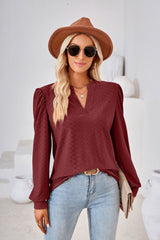 Solid Color V-neck Long Sleeve Loose T-shirt