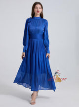 Pleated Silm Waist Long Bubble Sleeve Dress