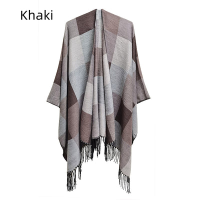 Fringed Double-sided Plaid Split Shawl