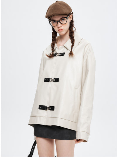 Button Lapel Long Sleeve Jacket PU Leather Coat