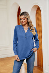 Solid Color V-neck Button Long Sleeve T-shirt