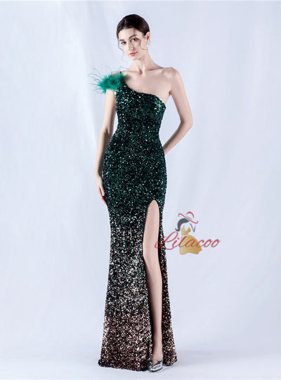Sequins One Shoulder Split Prom Dress