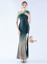 One Shoulder Sequins Split Prom Dress