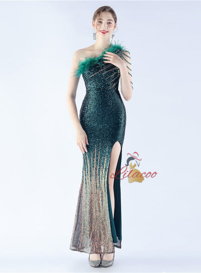 One Shoulder Sequins Split Prom Dress