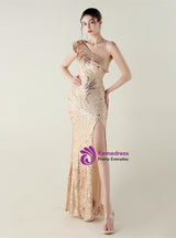 Black Mermaid Sequins One Shoulder Beading Prom Dress