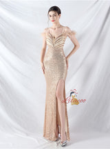 Spaghetti Straps Sequins Split Prom Dress