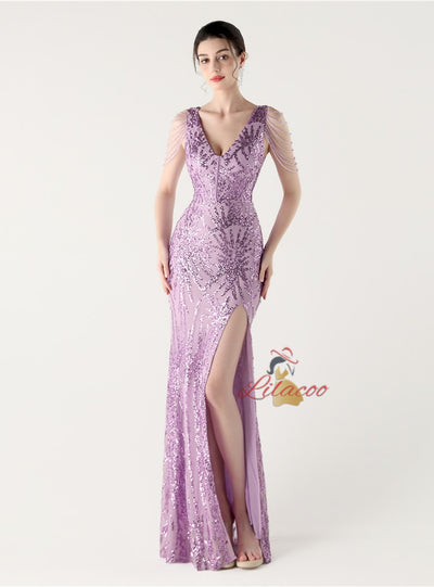 Mermaid Sequins V-neck Beading Prom Dress