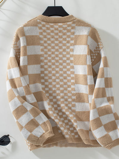 Contrast Plaid Loose Sweater Coat