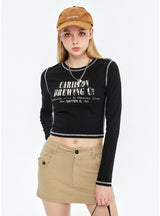 Long-sleeved Round Neck Letter Printed Top