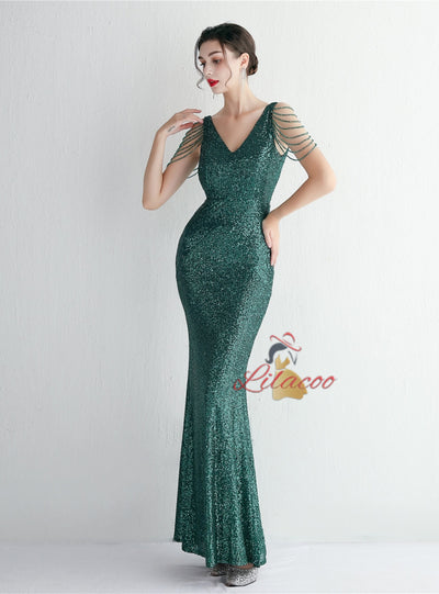 Mermaid Sequins V-neck Beading Prom Dress