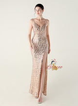 Spaghetti Straps Sequins Split Prom Dress