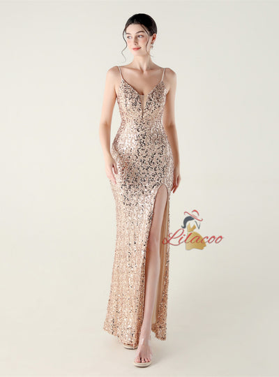Spaghetti Straps Sequins Split Prom Dress