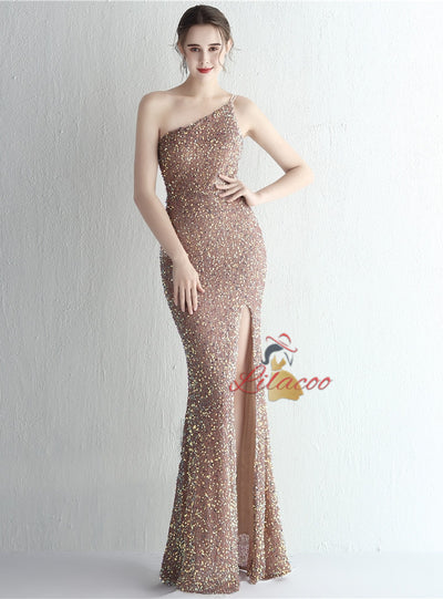Mermaid Sequins One Shoulder Split Prom Dress