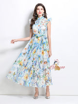 Oil Painting Flower Lace Stitching Long Dress