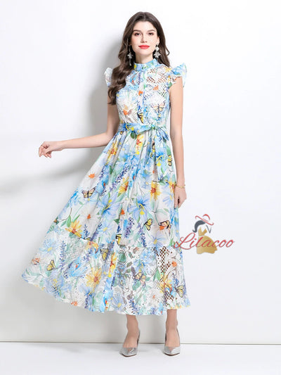Oil Painting Flower Lace Stitching Long Dress