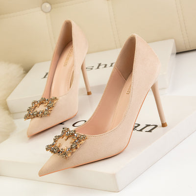Pointed Rhinestone Square Buckle Suede Stilettos Shoes