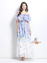 Off the Shoulder Ruffled Printed Chiffon Dress