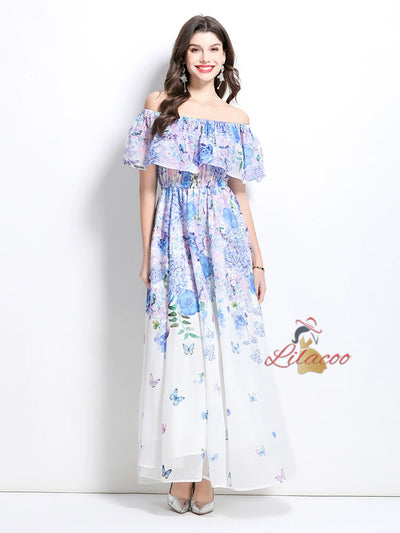 Off the Shoulder Ruffled Printed Chiffon Dress