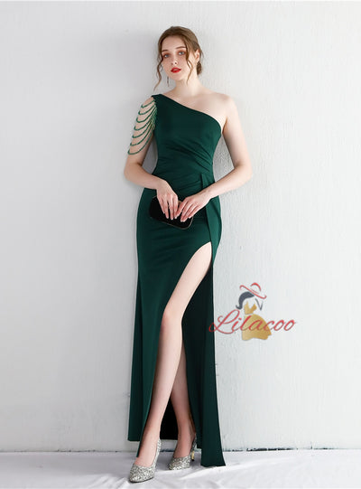 One Shoulder Split Beading Prom Dress