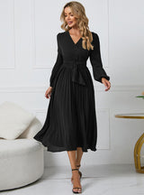 Long Sleeve Slim Pleated Belt V-neck Dress