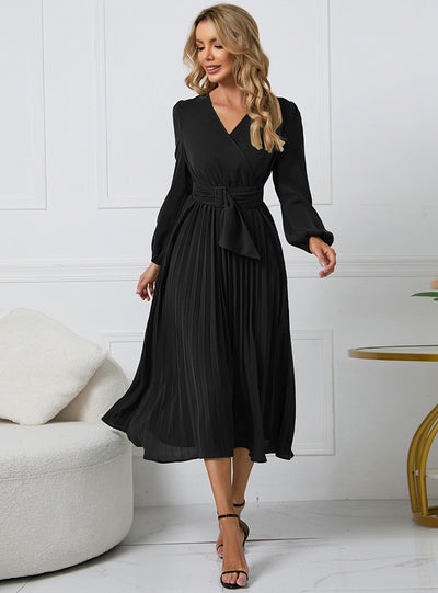 Long Sleeve Slim Pleated Belt V-neck Dress