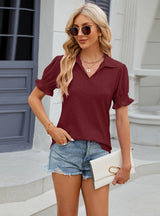 Solid Color Lapel Short Sleeve Pleated Loose T-shirt