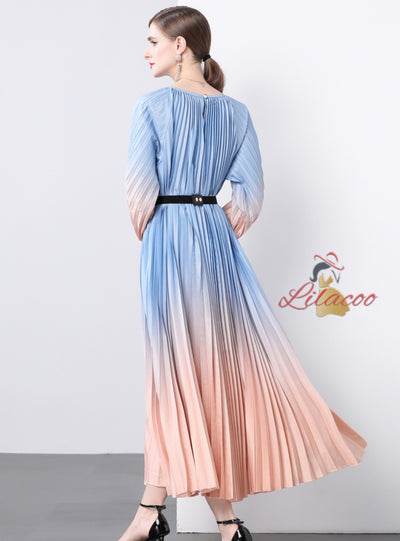 Long Sleeve Print Oversized Pleated Dress