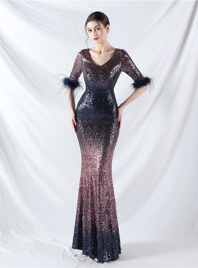 V-neck Short Sleeve Sequins Mermaid Prom Dress