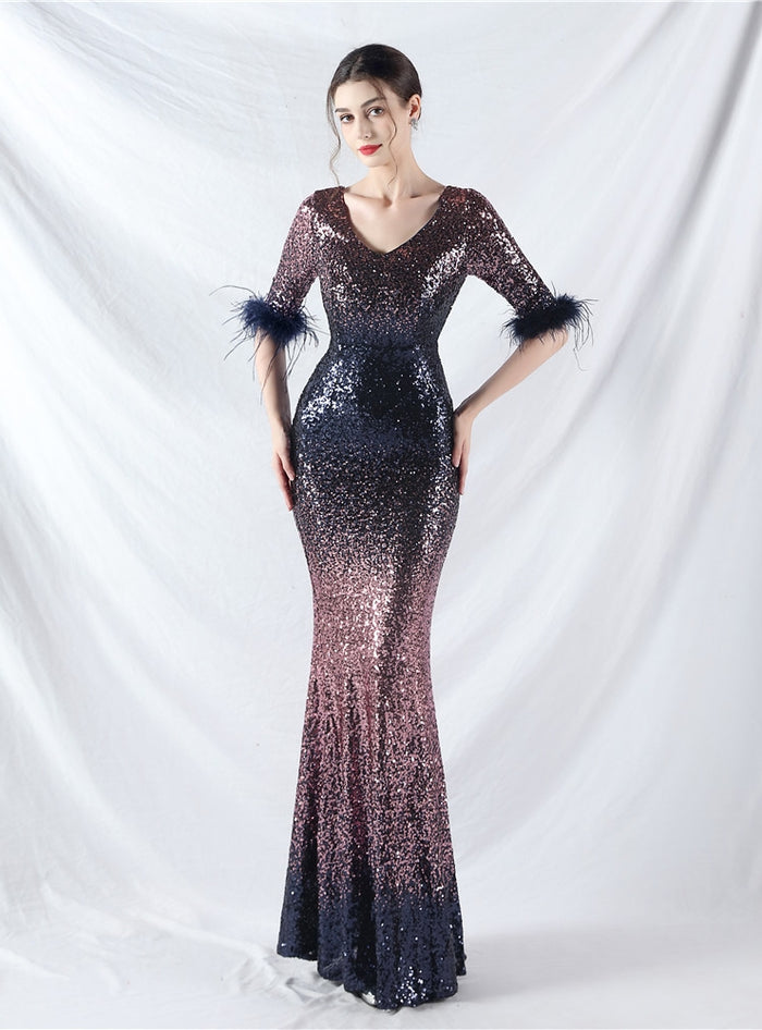 V-neck Short Sleeve Sequins Mermaid Prom Dress