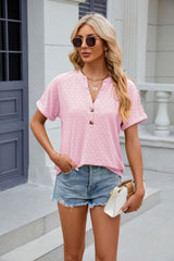 Solid Color V-neck Button Short Sleeve T-shirt
