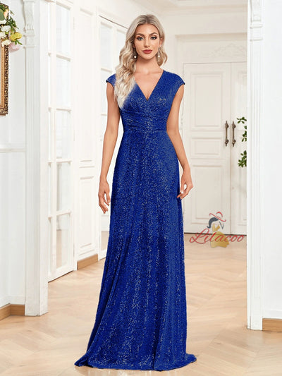 Navy Blue Sequins V-neck Prom Dress