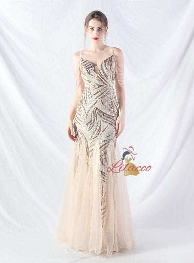 Spaghetti Straps Mermaid Sequins Tulle Beading Prom Dress